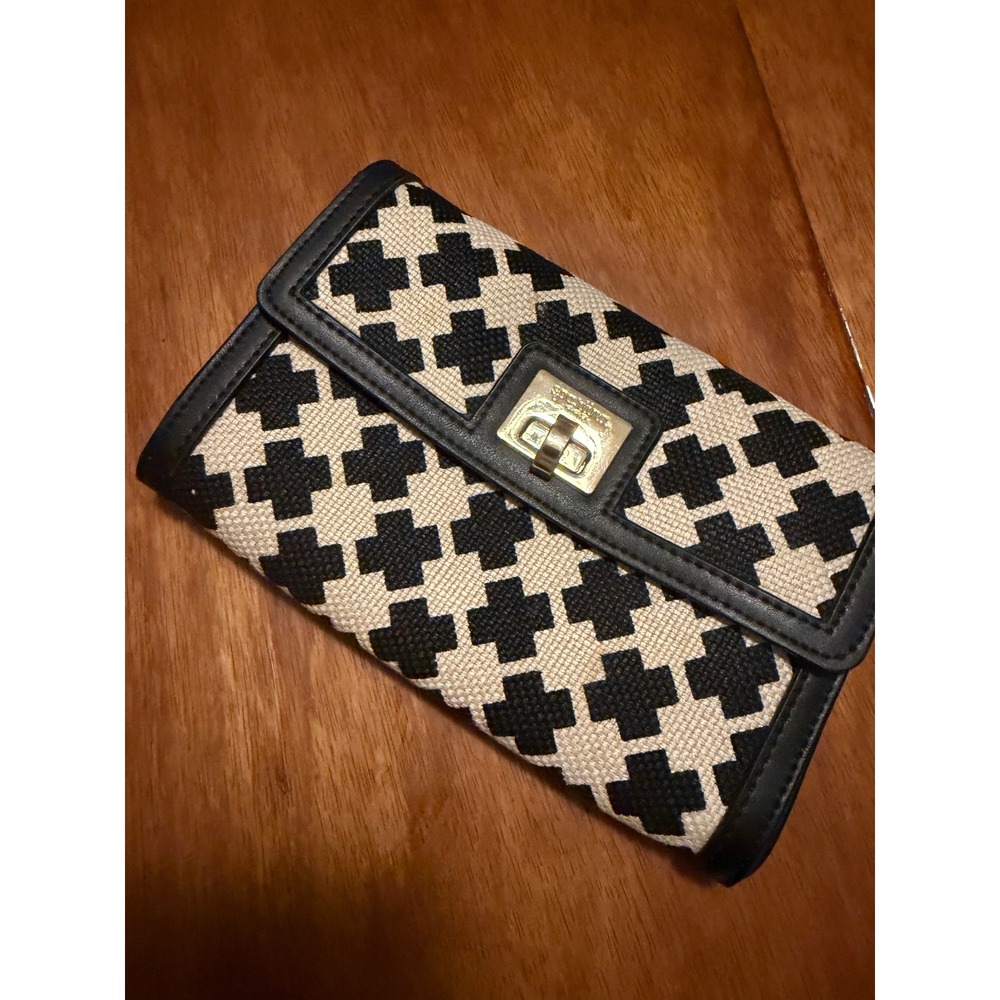 Spartina 449 Black Cream Linen Leather Turn Lock Wallet Geometric Clutch